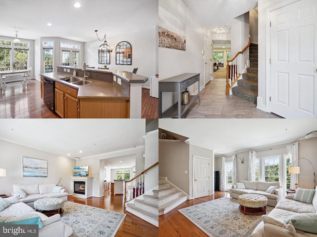 living room with plenty of natural light, sink, and light wood-type flooring