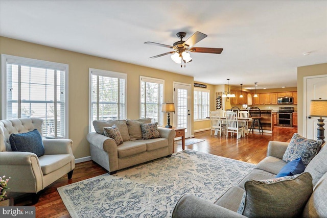 living room featuring dark hardwood / wood-style floors and ceiling fan with notable chandelier