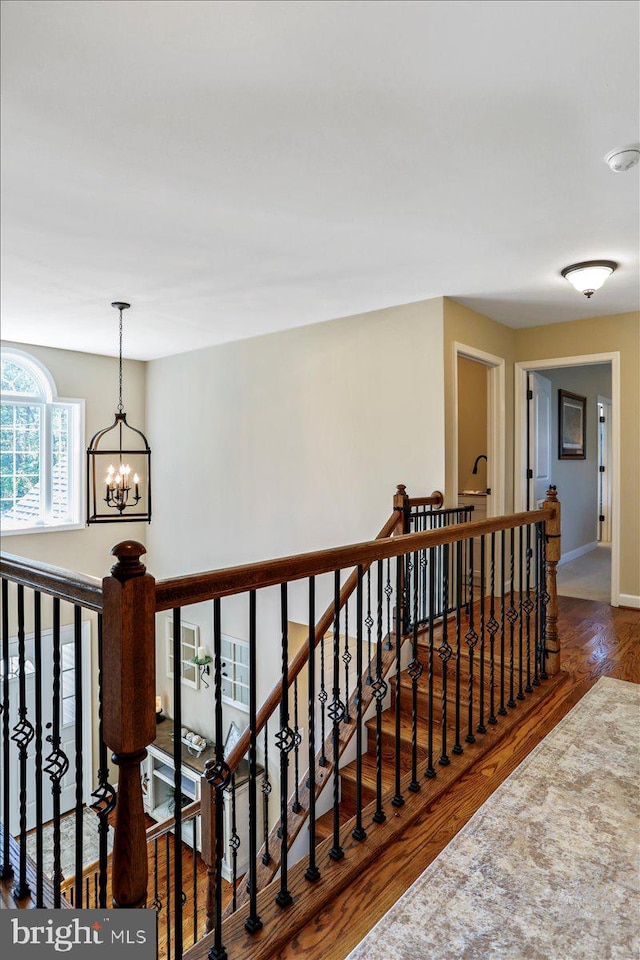 hall featuring dark wood-type flooring and an inviting chandelier