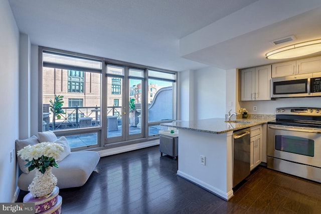 kitchen featuring kitchen peninsula, appliances with stainless steel finishes, light stone countertops, and plenty of natural light