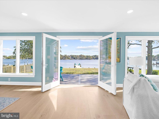 entryway with light hardwood / wood-style floors, a water view, and a wealth of natural light