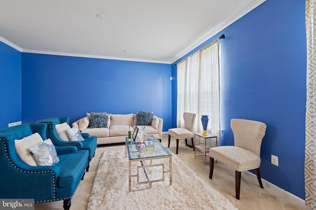 living room featuring ornamental molding and light colored carpet