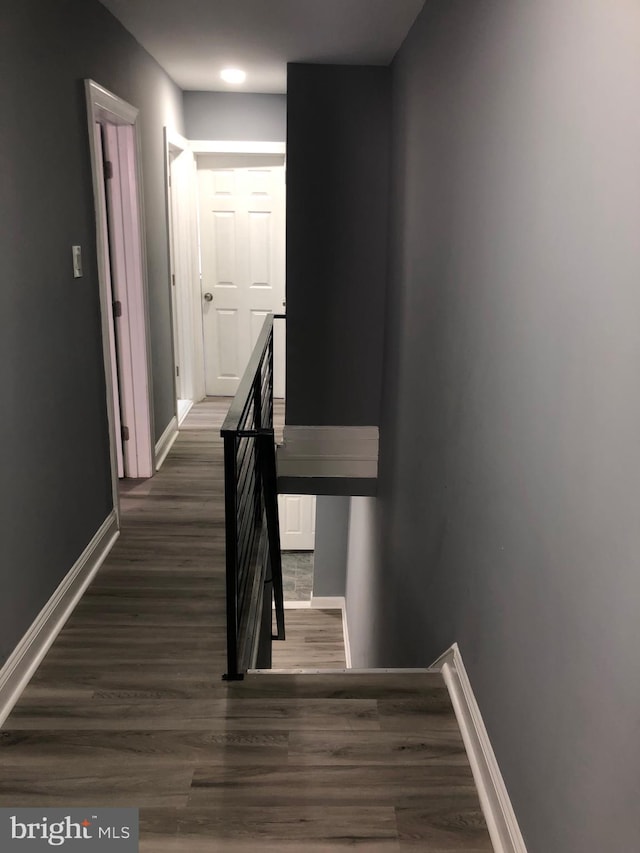 stairs featuring hardwood / wood-style floors