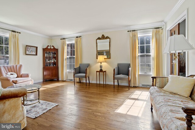 living room featuring ornamental molding and light hardwood / wood-style flooring