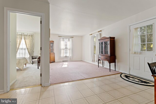 interior space with light colored carpet and a healthy amount of sunlight