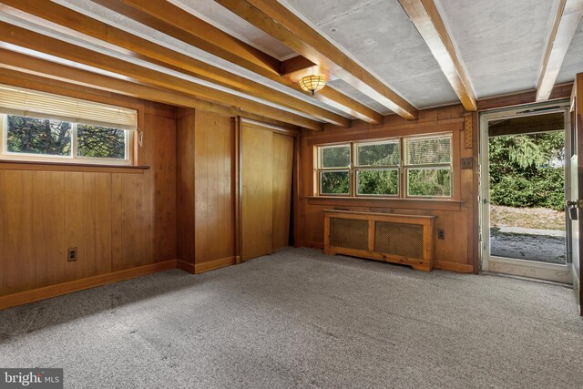 misc room featuring carpet floors, beamed ceiling, wooden walls, and plenty of natural light