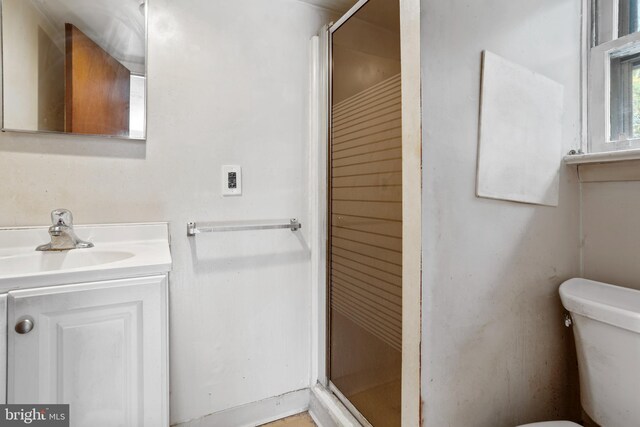 bathroom featuring an enclosed shower, vanity, and toilet