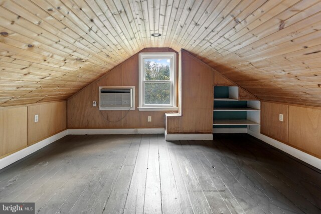 additional living space with dark wood-type flooring, wood walls, and wood ceiling