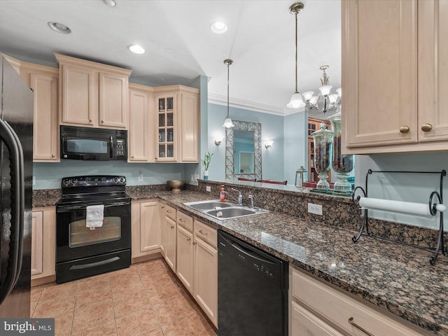 kitchen featuring black appliances, sink, light tile patterned flooring, pendant lighting, and ornamental molding