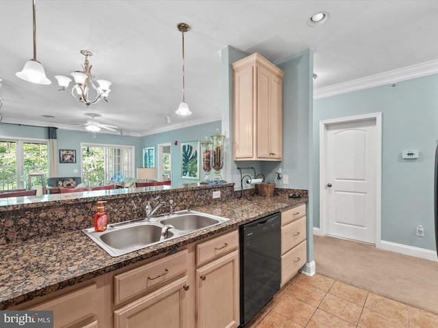 kitchen featuring light colored carpet, dishwasher, hanging light fixtures, and sink