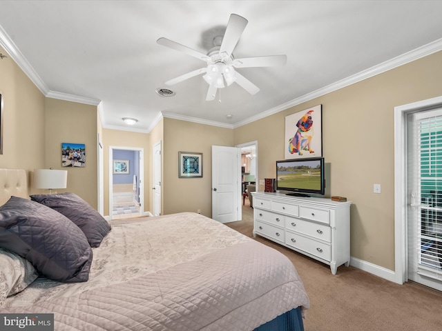 bedroom with ceiling fan, connected bathroom, carpet floors, access to outside, and ornamental molding