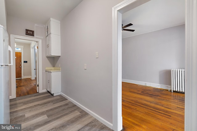 corridor with wood-type flooring and radiator