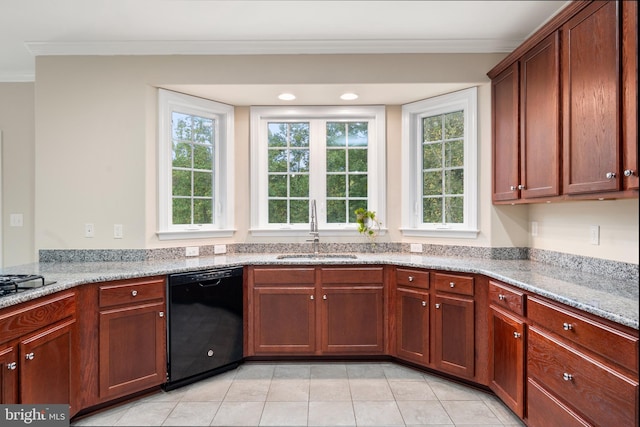 kitchen featuring light stone counters, black dishwasher, crown molding, and sink