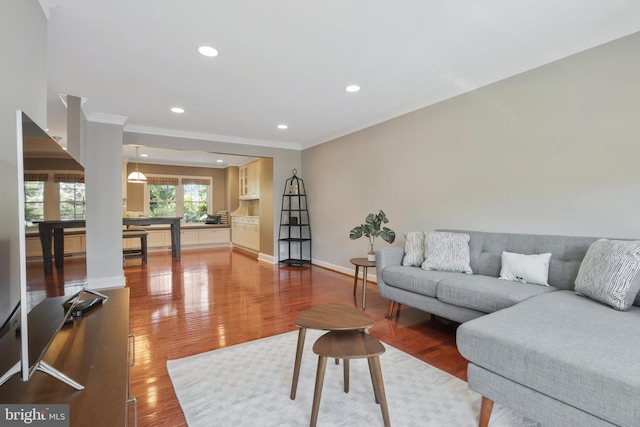 living room with hardwood / wood-style flooring and ornamental molding