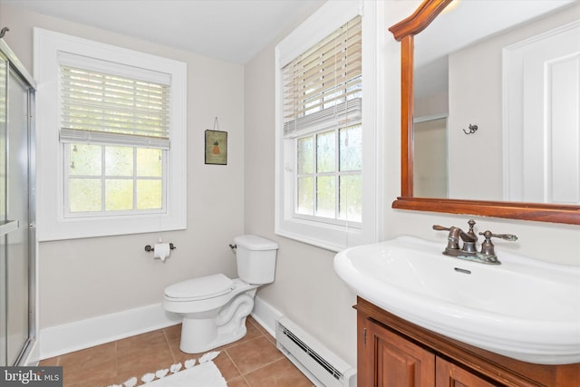 bathroom with tile patterned floors, toilet, a baseboard heating unit, a shower with shower door, and vanity