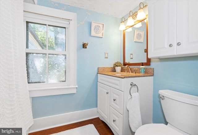 bathroom featuring vanity, hardwood / wood-style flooring, and toilet