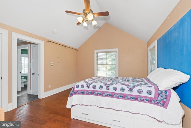 bedroom featuring ceiling fan, vaulted ceiling, and dark hardwood / wood-style floors