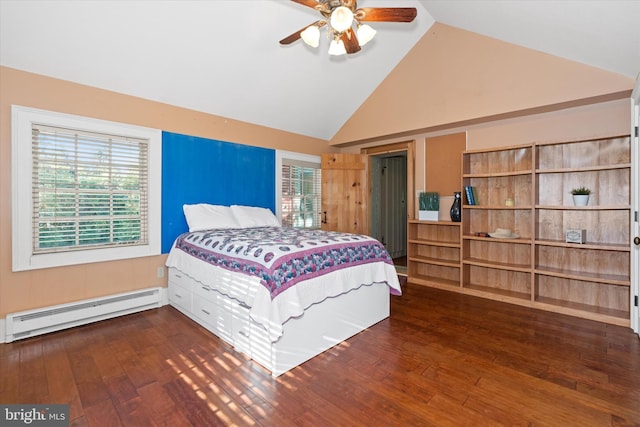 bedroom featuring dark hardwood / wood-style floors, baseboard heating, high vaulted ceiling, and ceiling fan