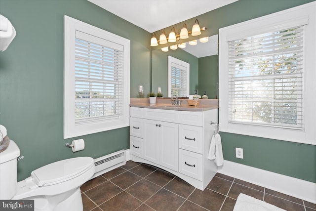 bathroom featuring vanity, toilet, tile patterned floors, and a baseboard heating unit