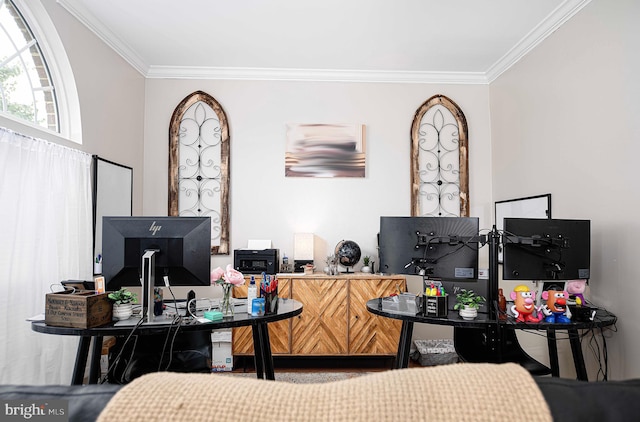 home office with crown molding