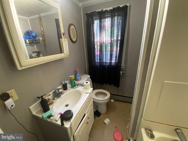 bathroom featuring ornamental molding, toilet, vanity, and a baseboard heating unit