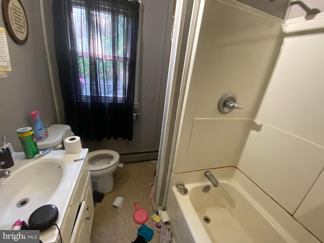 full bathroom featuring  shower combination, toilet, vanity, and baseboard heating