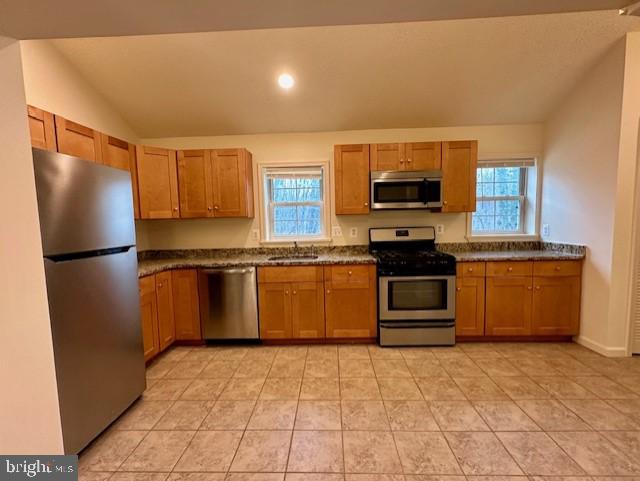 kitchen with stainless steel appliances, vaulted ceiling, a sink, and dark countertops