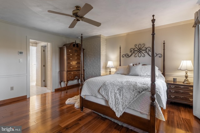 bedroom with ceiling fan, hardwood / wood-style flooring, and ornamental molding