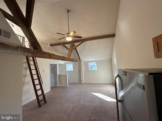 19 N Bridge St, Round Hill, VA 20141 - additional living space featuring beam ceiling, carpet, ceiling fan, baseboards, and a textured ceiling