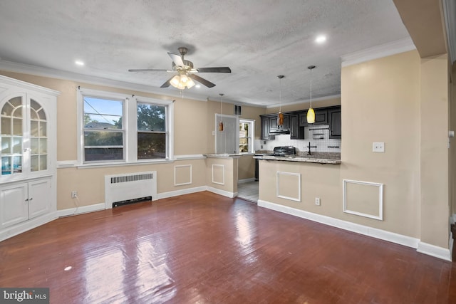 kitchen with tasteful backsplash, radiator heating unit, crown molding, dark hardwood / wood-style floors, and a textured ceiling