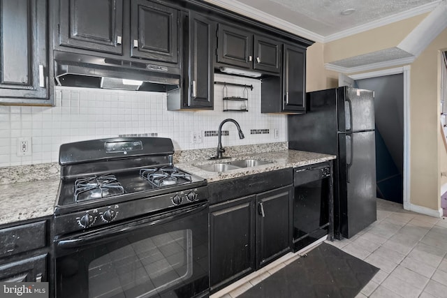 kitchen with tasteful backsplash, black appliances, sink, and light tile patterned floors