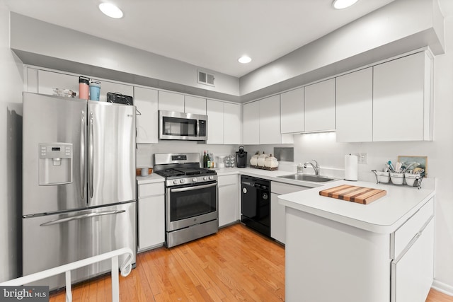 kitchen featuring light wood-type flooring, sink, stainless steel appliances, and white cabinets