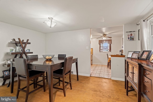 dining room featuring ceiling fan and light hardwood / wood-style flooring