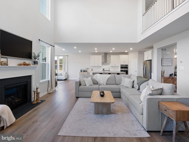 living room with hardwood / wood-style floors and a high ceiling