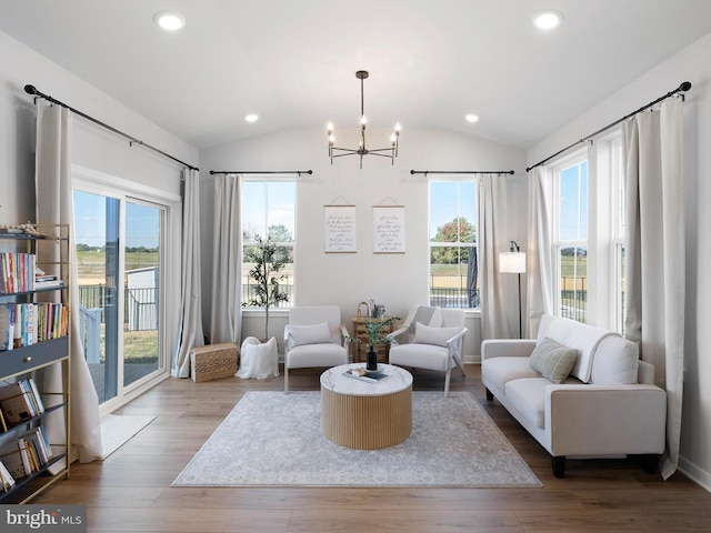 living room featuring plenty of natural light, hardwood / wood-style floors, and vaulted ceiling