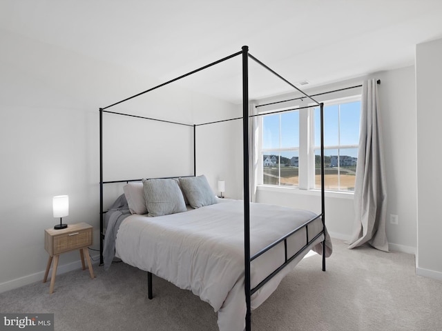 carpeted bedroom with a mountain view