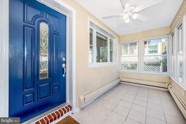 property entrance featuring ceiling fan and baseboard heating