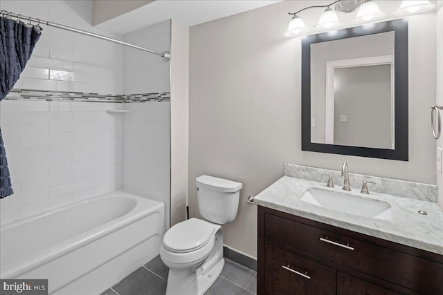 full bathroom featuring vanity, tile patterned flooring, toilet, and shower / tub combo with curtain