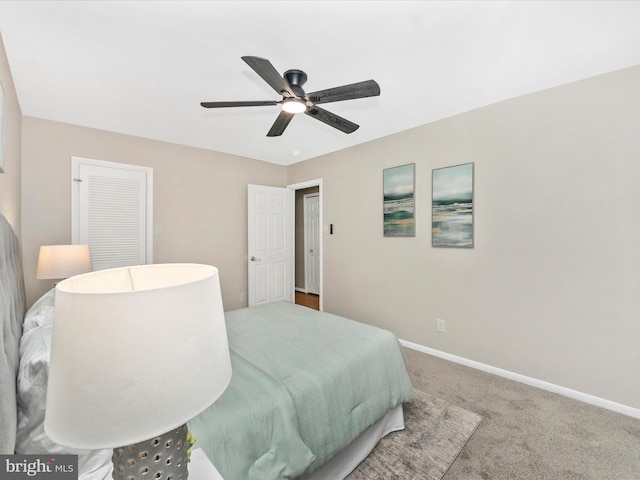 bedroom featuring ceiling fan and carpet floors