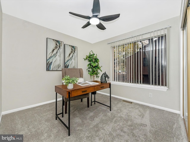 office area featuring carpet and ceiling fan