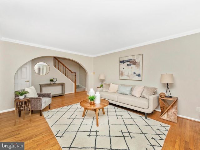 living room featuring crown molding and hardwood / wood-style flooring