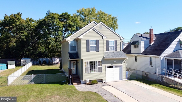 front facade with a garage and a front lawn