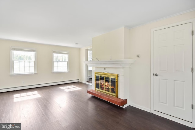 333 Carter Rd, Princeton, NJ 08540 - unfurnished living room featuring a glass covered fireplace, a baseboard heating unit, and dark wood finished floors