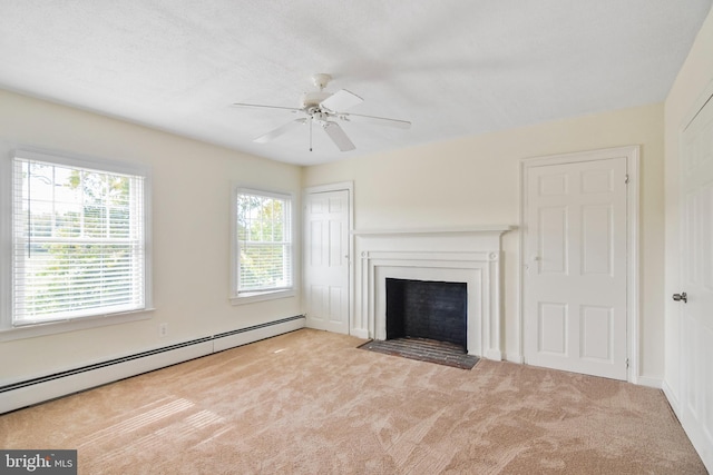 333 Carter Rd, Princeton, NJ 08540 - unfurnished living room featuring a baseboard heating unit, carpet, a fireplace with flush hearth, and ceiling fan