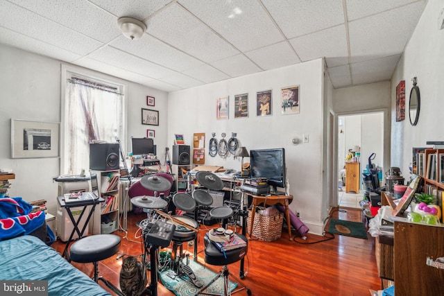 office with a drop ceiling and hardwood / wood-style floors