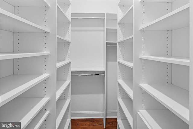 spacious closet with dark hardwood / wood-style floors