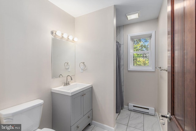 273 Four Seasons Dr, Drums, PA 18222 - full bath with vanity, toilet, marble finish floor, a baseboard radiator, and baseboards