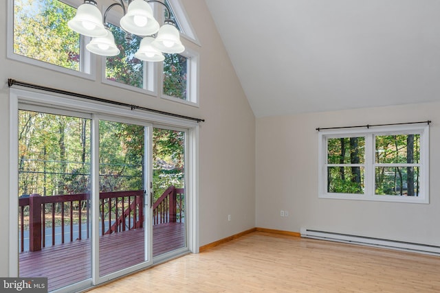 273 Four Seasons Dr, Drums, PA 18222 - unfurnished room featuring baseboard heating, baseboards, an inviting chandelier, high vaulted ceiling, and wood finished floors