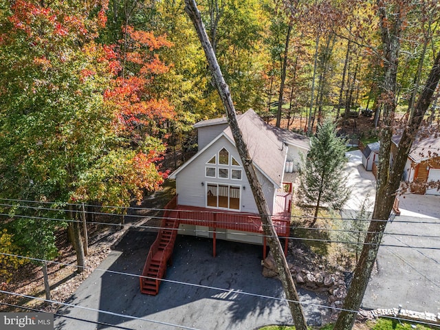 273 Four Seasons Dr, Drums, PA 18222 - rear view of property featuring a forest view, fence, a deck, and stairway