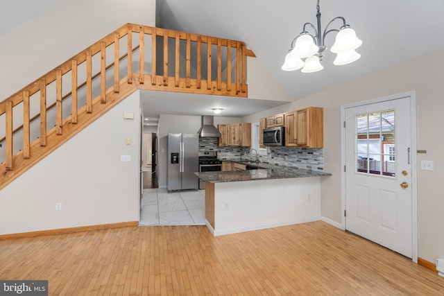 273 Four Seasons Dr, Drums, PA 18222 - kitchen with a sink, wall chimney range hood, a chandelier, a peninsula, and stainless steel appliances